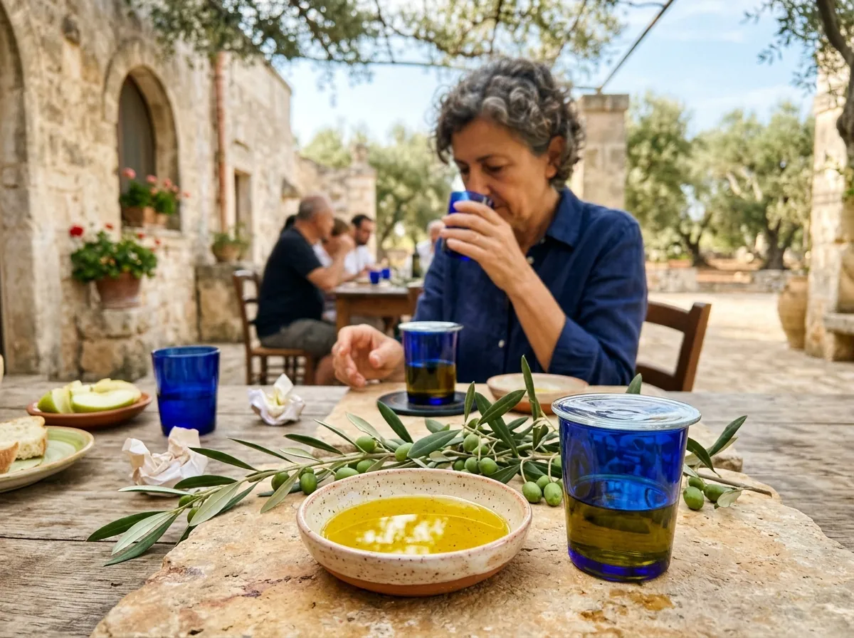 Sessione di Assaggio Ufficiale di Olio Extra Vergine di Oliva con Bicchiere Cobalto in Puglia